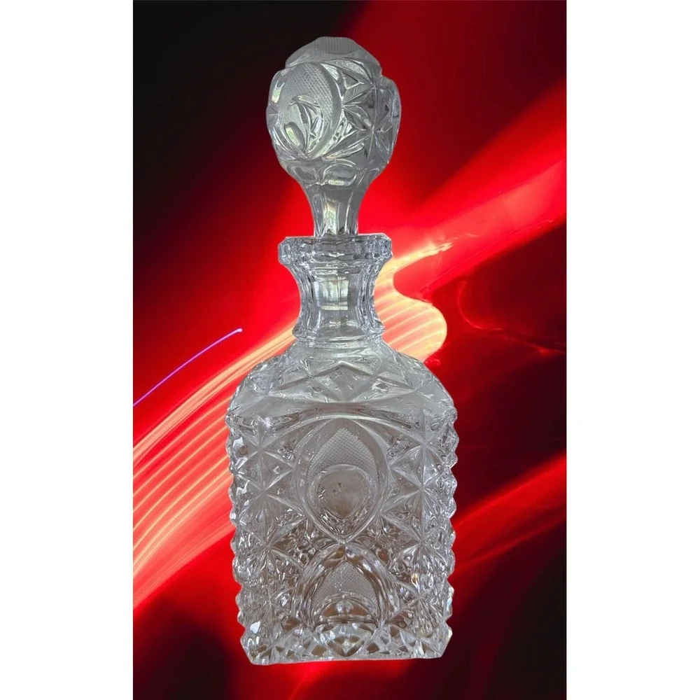 Vintage Cut Lead Crystal Square Liquor Decanter with Stopper Barware Clear 10in